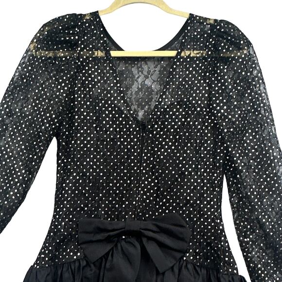 VTG 90s Black Mini Party Dress 9 Prom Puff Slv Tiered Witch Goth Grunge Punk Bow - Picture 7 of 16